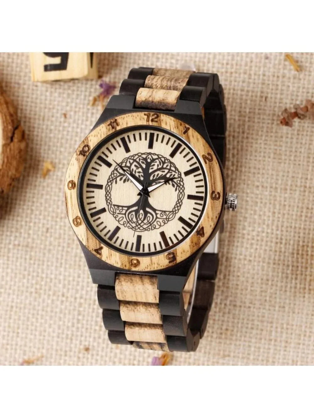 Men's Black Handmade Tree Pattern Lightweight Analog Quartz Wrist Wooden Watch